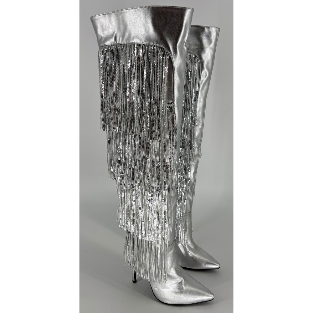 Yoki Nayla Sequin Fringe Knee High Boot Silver Women Size 10 Pointed Toe Heels